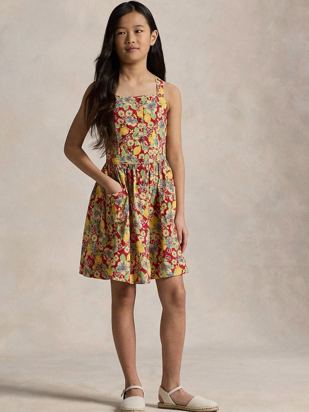 Polo Ralph Lauren Girls 14 Red Floral Lemon Button Front Sundress NWT